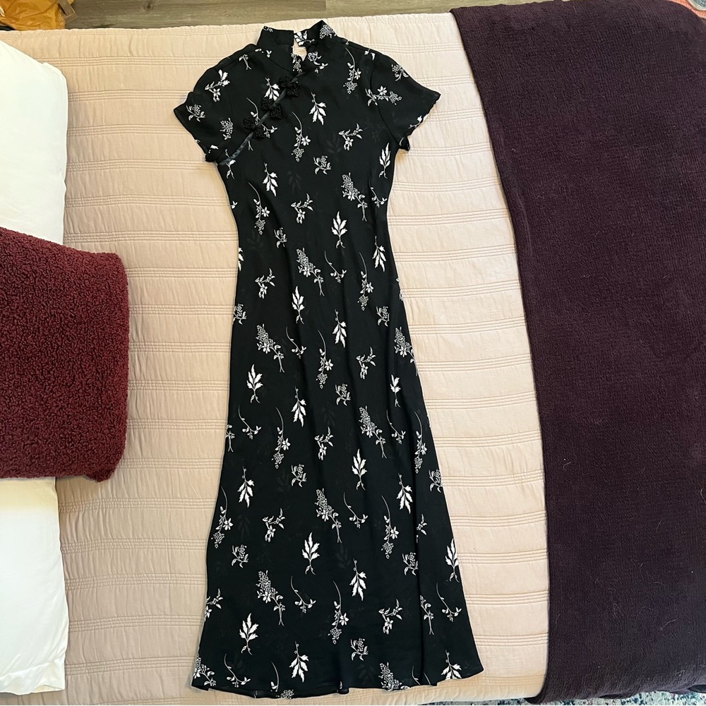 Floral Black Kimono Collar Flowy Semi Sheer Maxi Dress